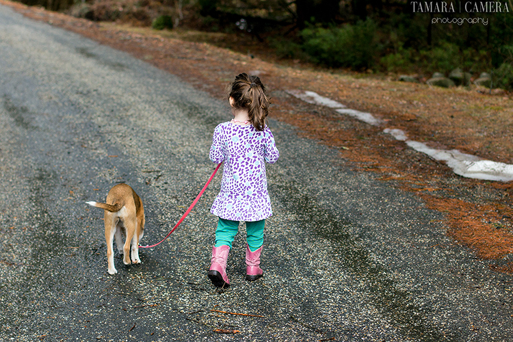 "Smile at the camera!" is a great thing to call out to your photography subjects, but sometimes you can get an even better picture when they aren't paying attention. This shot from behind perfectly captures the moment of this little girl and her dog going for a walk. 