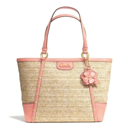 NWT-COACH-ALEXANDRA-STRAW-CORAL-CHAIN-STUDDED-TOTE-21959