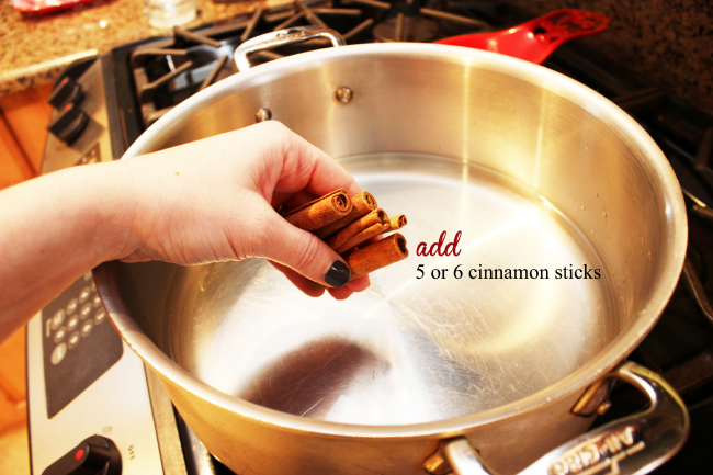 Add cinnamon sticks to your simmering potpourri. You can use as many as you want, but 5-6 is ideal.