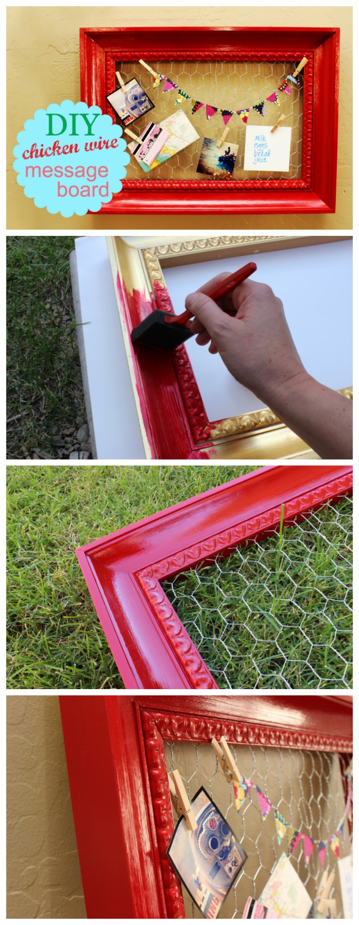 This cute, DIY chicken wire message board is a great way to stay organized and display pictures and other mementoes.