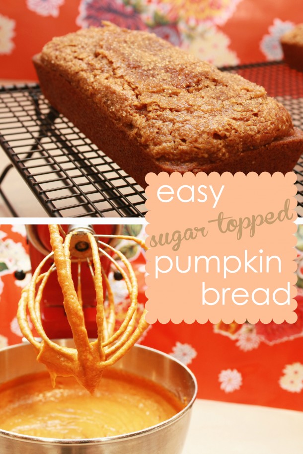 This sugar-topped pumpkin bread is yummy, and easy to make. Perfect for fall.