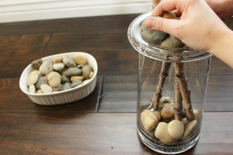 Place rocks in the vase to secure the tree branches