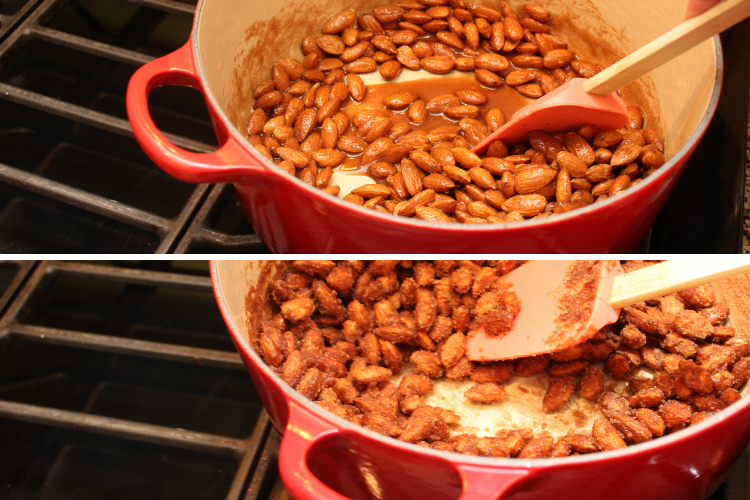 Stir until your sugar crystallizes on the almonds.