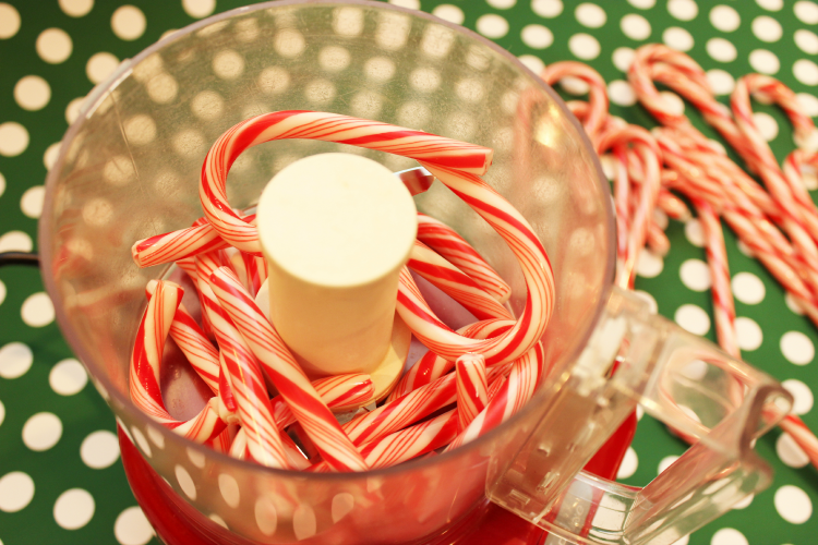 Place your unwrapped candy canes in a food processor.