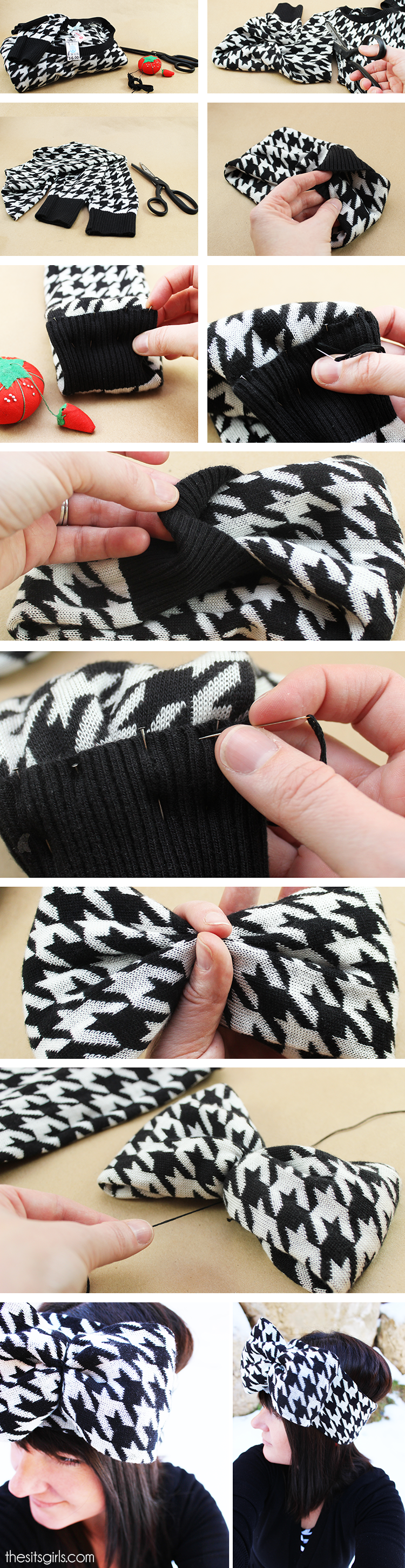 Step-by-step tutorial for making a pattern ear warmer head wrap with a bow. 