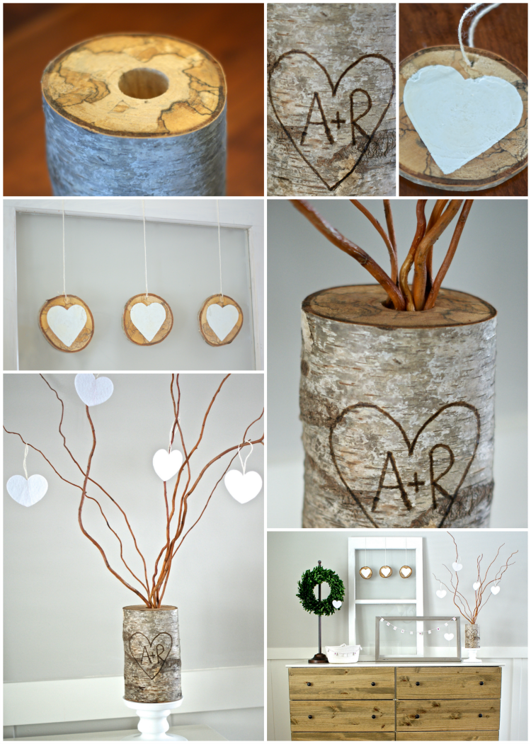 Family tree with birch log vase and felt hearts step by step instructions for the perfect Valentine's Day DIY.