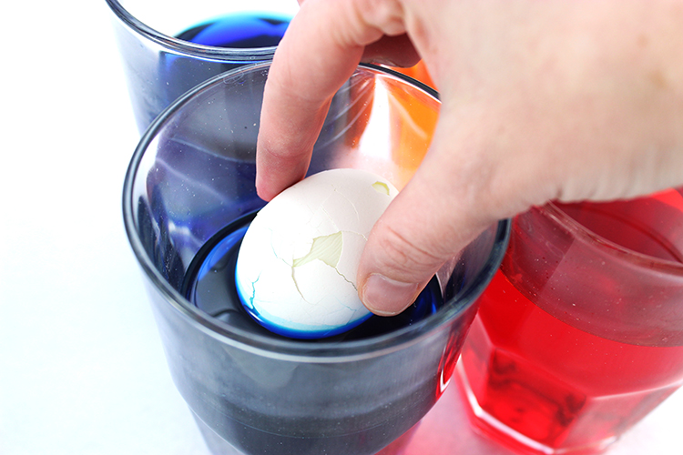 Fully submerge your eggs in food coloring.