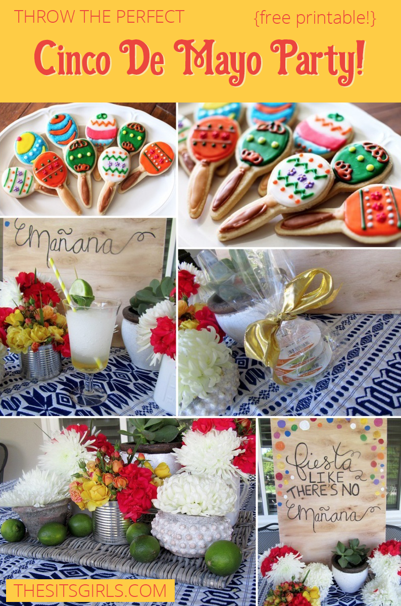 Great Cinco De Mayo party ideas! Includes a killer Mint Margarita recipe, maraca cookie decorating tutorial, Mexican party decoration ideas, and free printables. Everything you need to throw a fabulous party.