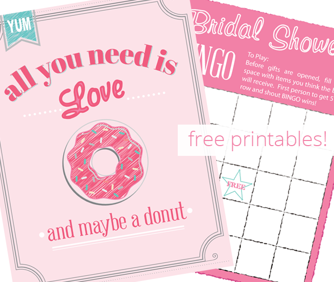 Free Printables | Bridal Bingo printable for your next bridal shower and a cute printable sign for your donut bar. Plus great tips for throwing a donut bar themed party. | Free download printables for wedding shower.