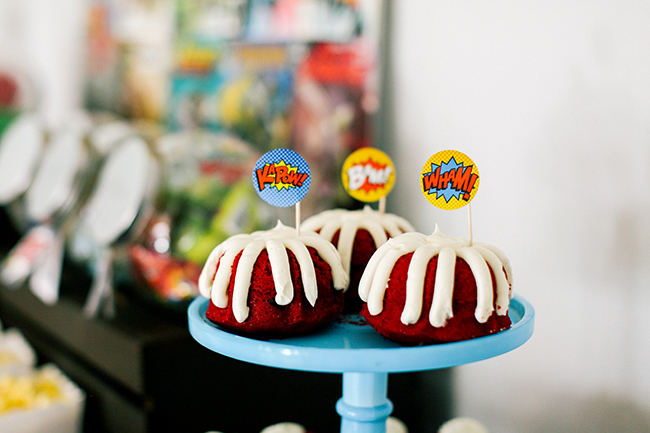 Mini Bunt Cakes with Super Hero Comic Book signs - perfect for a super hero birthday party! 