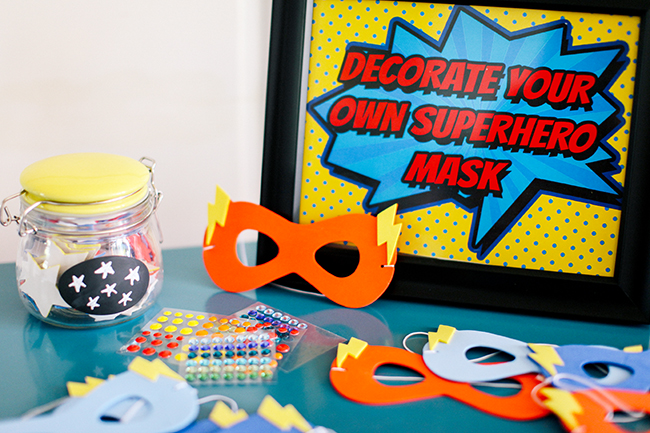 Decorate your own super hero mask! Great superhero party idea. Perfect for a kid's birthday party. 