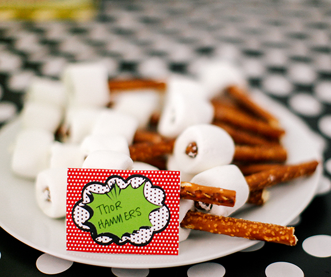 Pretzel sticks and marshmallows easily become Thor Hammers for your Super Hero party!