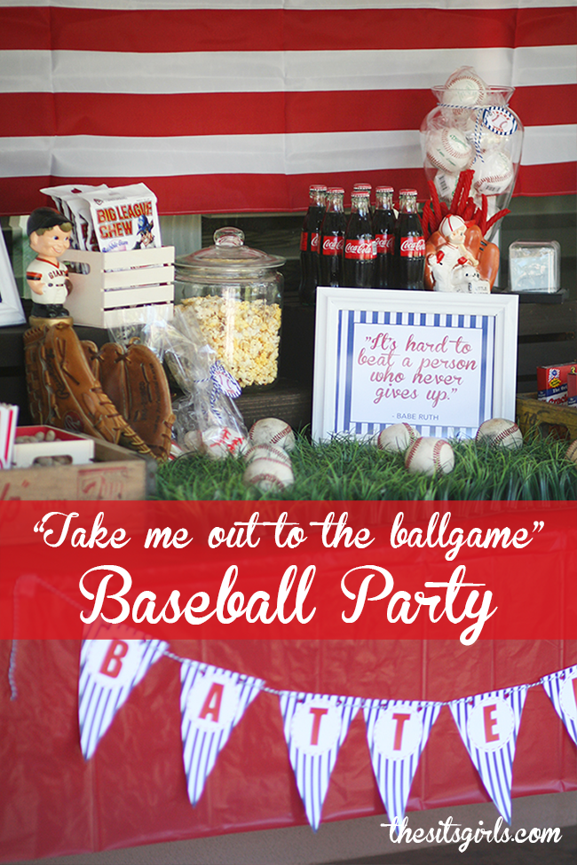 Great baseball party ideas! The baseball quotes make great printables and fit in great on the table with all the traditional concession stand food. This would be a fun theme for a birthday party.