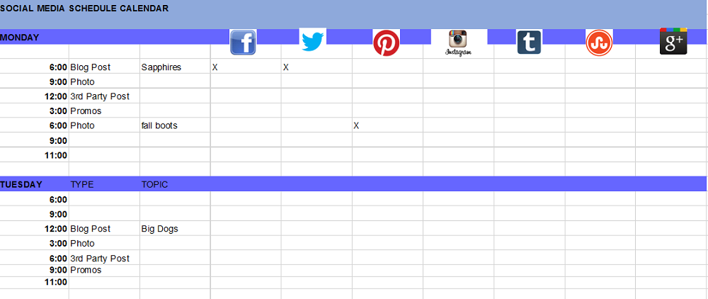Example of a social media plan sheet.