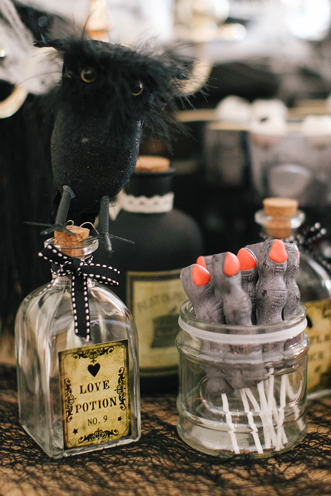 Old potion bottles are the perfect accessory to any Evil Queen Party