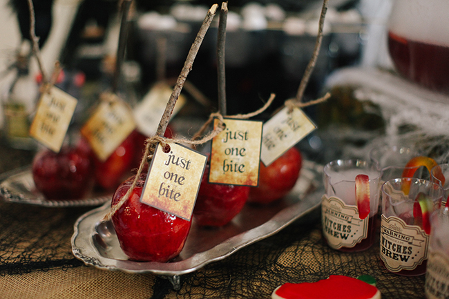 Candied Poisoned Apples were given an extra scary twist with actual twigs as the handles. The perfect thing to serve at an Evil Queen Party!