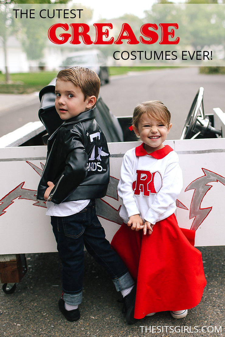 The cutest Sandy and Danny costumes from Grease. Plus, the Grease Lightning car for them to ride in - how great is that?! | Grease Costumes