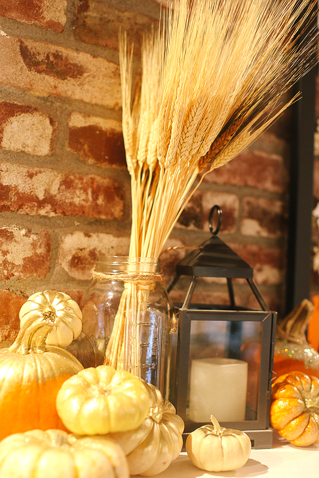We love using wheat and pumpkins to create a natural display in our fall decor!