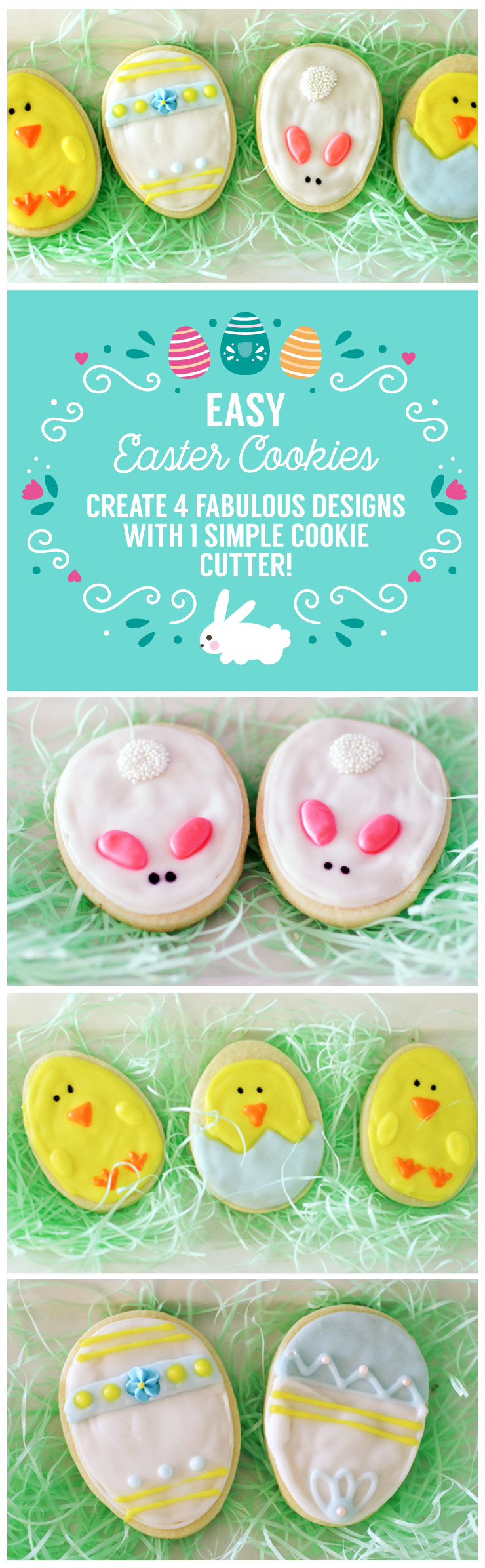 Easy Easter Cookies decorated 4 different ways. 