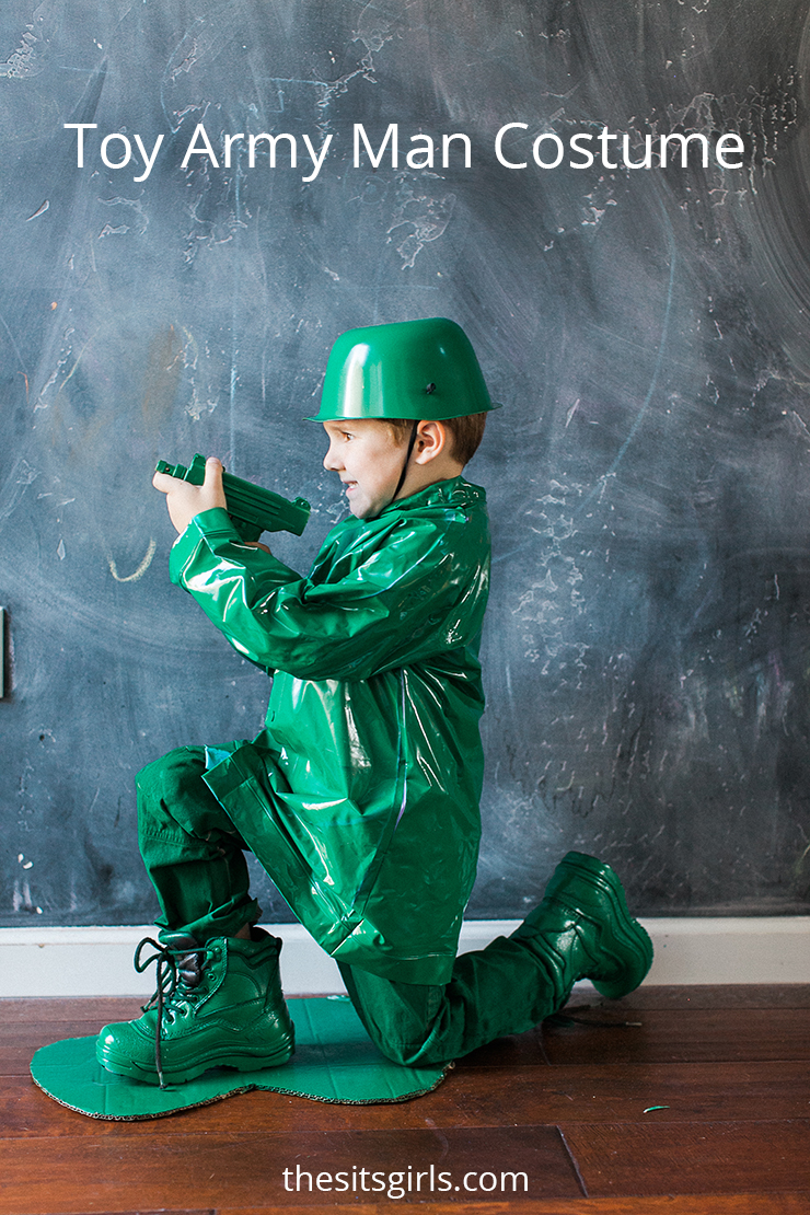 This toy army man costume is one of the easiest DIY Halloween costumes we have made. You only need a few simple items and a can of green spray paint!