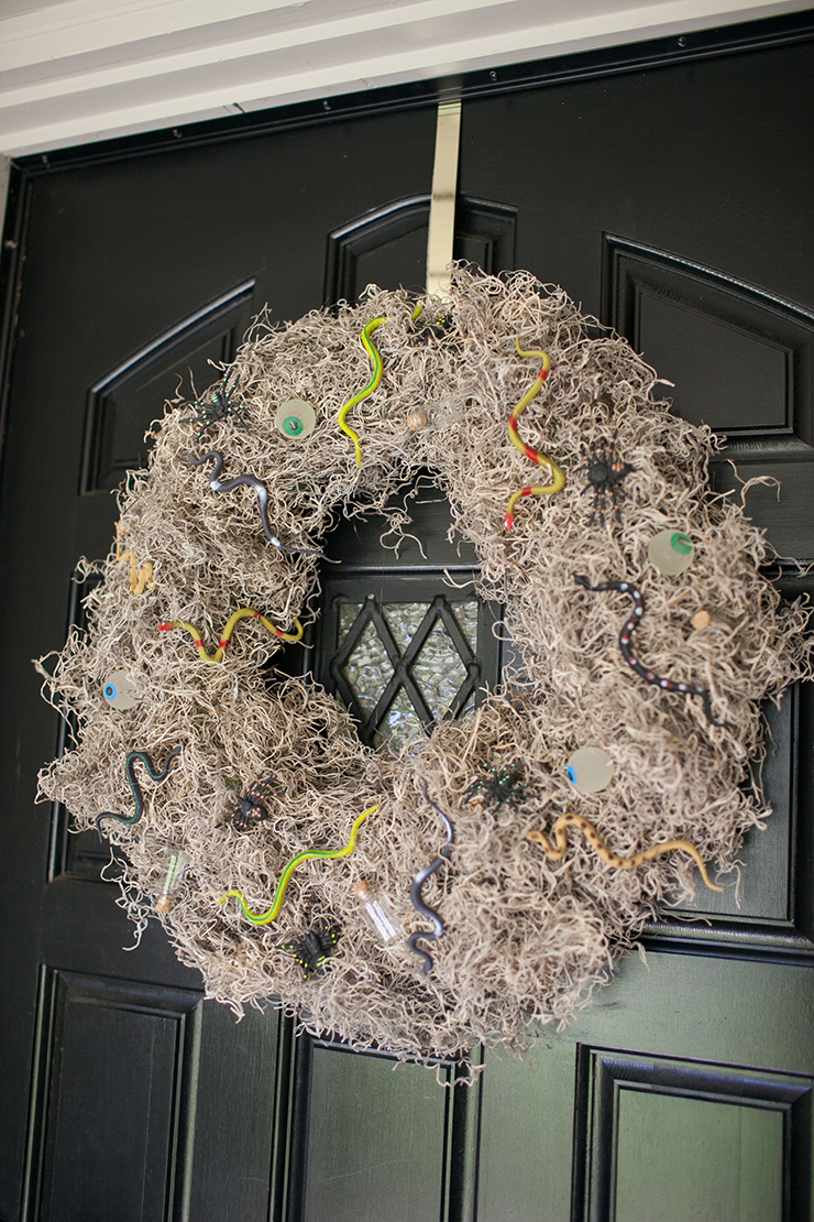 This creepy-crawly Halloween wreath is super easy to make. The materials only cost $10! Great project to add a touch of Halloween to your front door decor.
