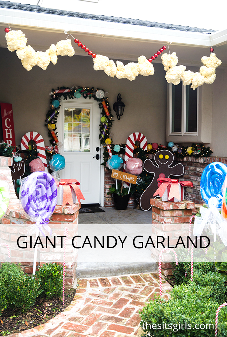 Transform your front porch into a candy land gingerbread house with a giant candy garland made from leftover food containers. (Easy step-by-step tutorials with video.)