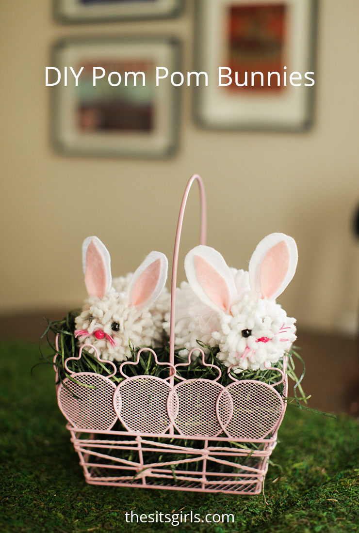 These pomp pom bunnies use yarn to make them, and only take a couple minutes!