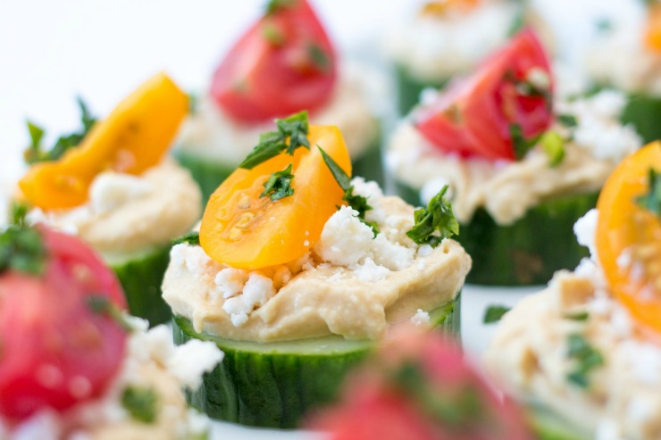 Feta cheese make these cucumber and hummus bites extra delicious! 