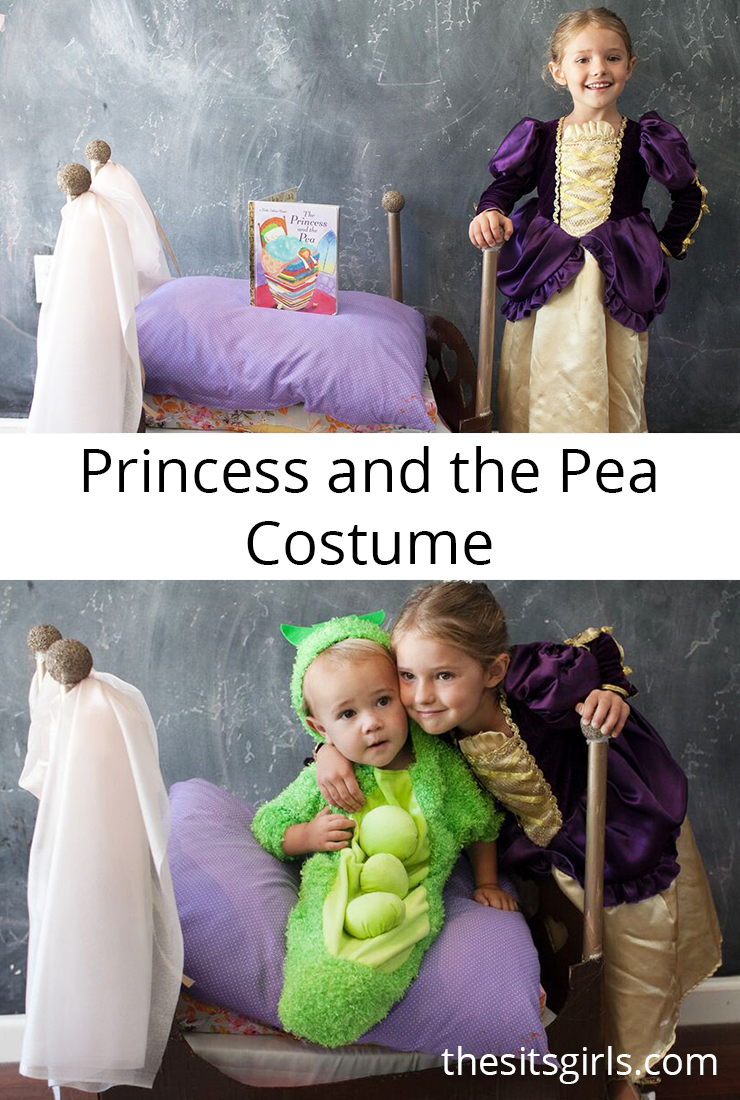 Princess and the Pea costume with a tutorial for making a homemade Princess and the Pea bed to bring trick or treating. This is a super cute idea for a sibling costume. 