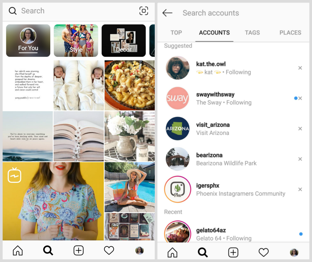 screenshot of instagram search tabs - how to make my following list private on instagram