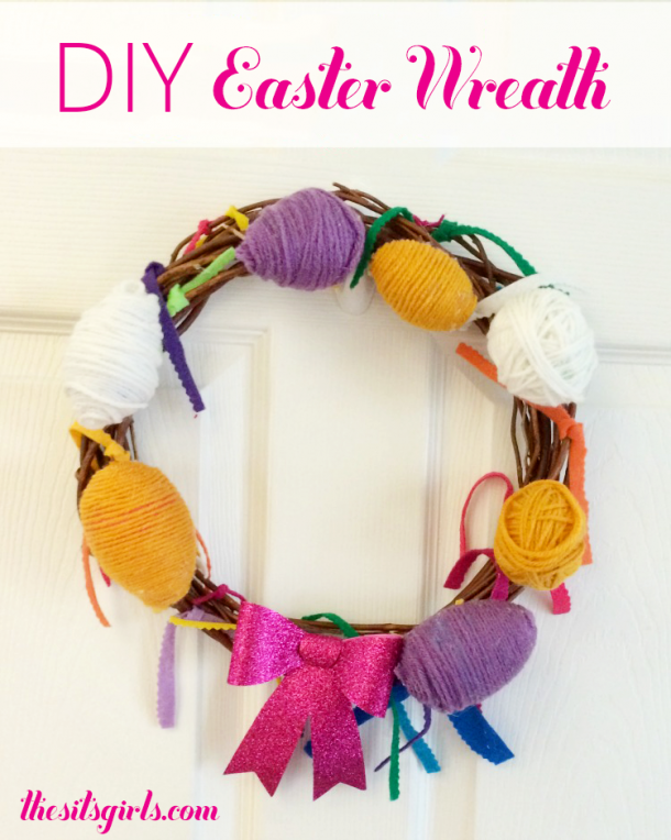Fun home decor idea of Easter - yarn wrapped Easter egg wreath.
