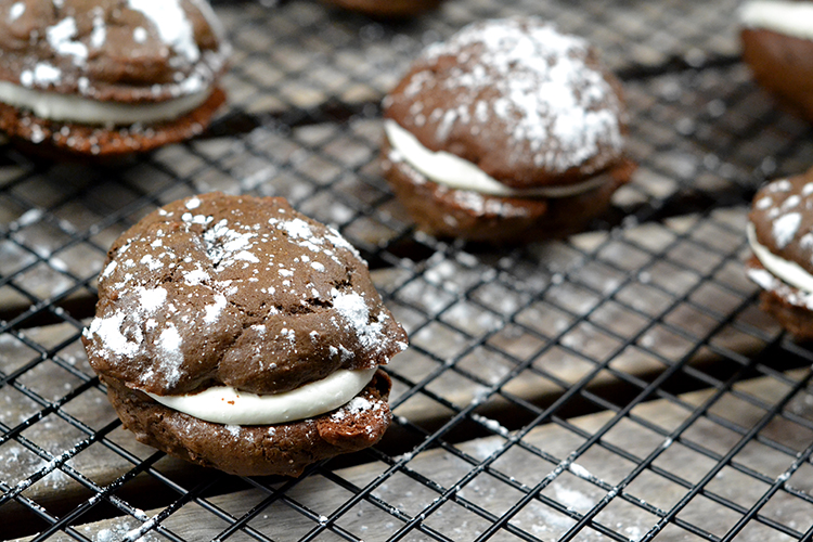Chocolate whoopie pies with marshmallow filling. 