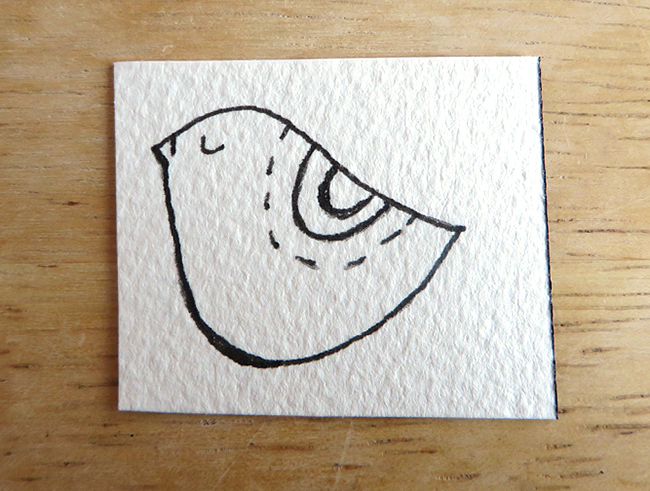Little watercolor bird bookmark step 2 - darken the lines you want to highlight. 