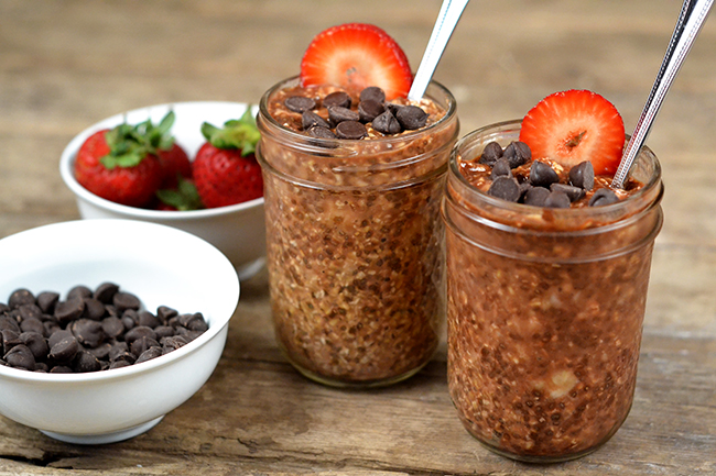 Dark chocolate chips and strawberries are the perfect topping for overnight oats. If you are looking for easy healthy breakfast ideas, you don't have to look further. Overnight oats are mixed the night before, refrigerated, and ready to eat in the morning! Easy peasy. 