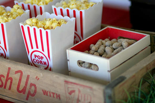 Popcorn and peanuts are must haves for a baseball party. 