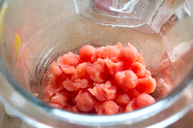The first step to making watermelon punch is balling the watermelon. Kids love to help with this. 
