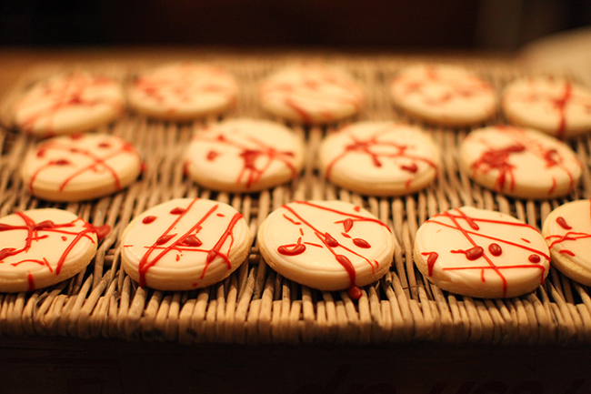 Blood spattered sugar cookies were an obvious must to serve at this Fear the Walking Dead Party. If you have ever seen the who you know that these will fit in perfect with this chilling decor.