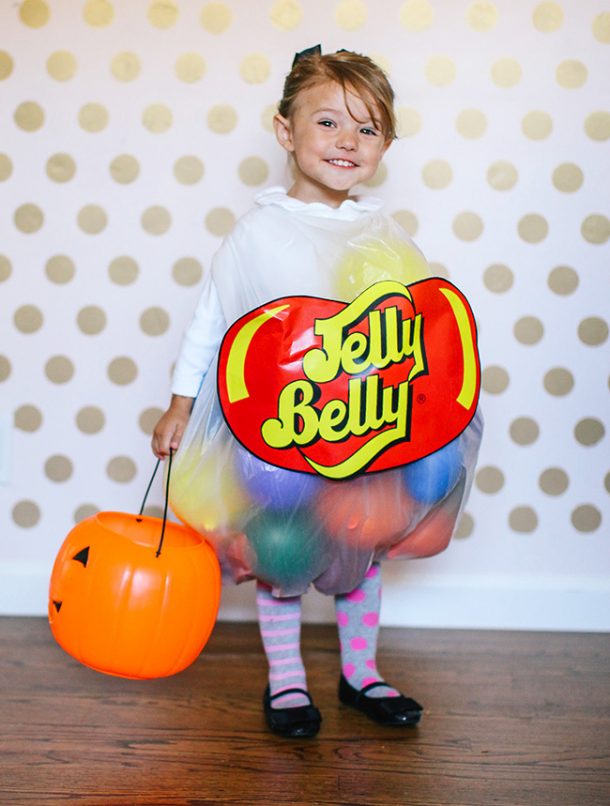 Ballons, a clear trash bag, and a cute kiddo are all you need to make this DIY Jelly Belly costume!