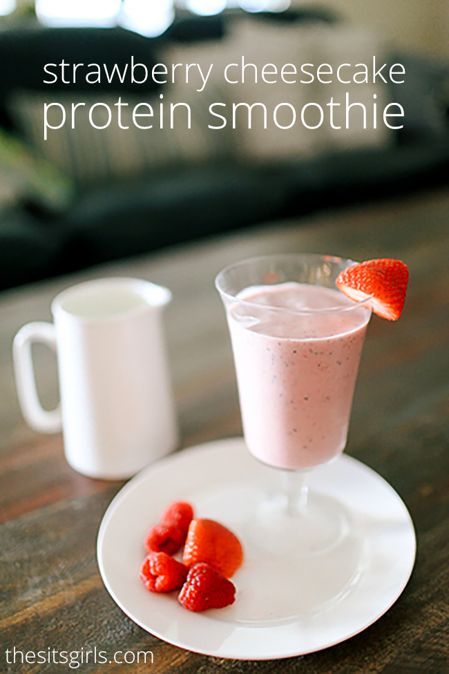 Strawberry Cheesecake Protein Smoothie Recipe | Get fit with this protein packed smoothie that tastes like a dessert even though it's healthy!