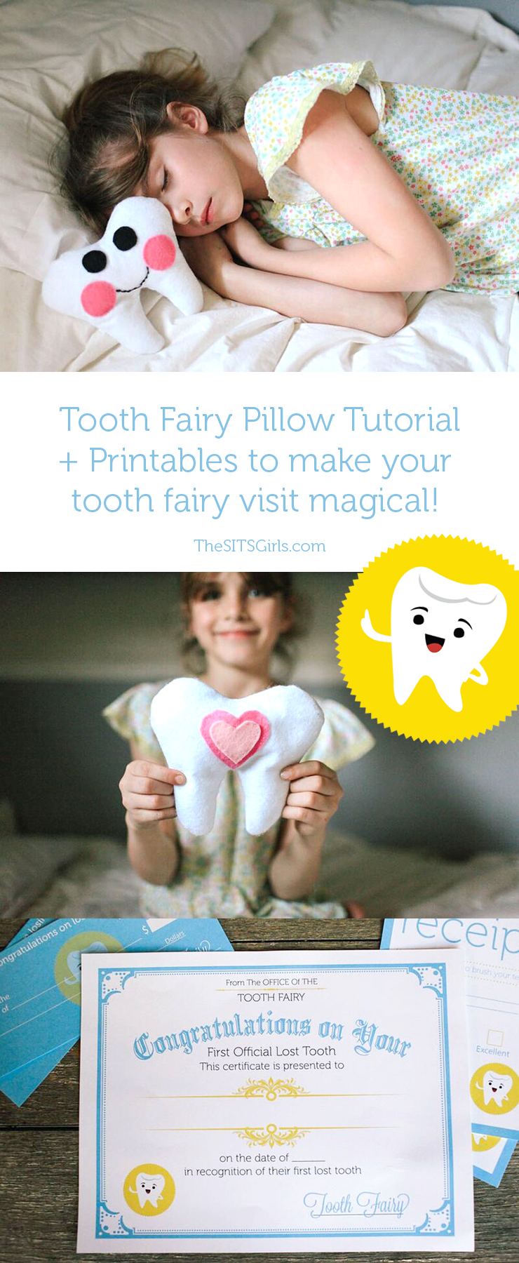 Make the Tooth Fairy visit special with this cute DIY Tooth Fairy pillow and super cute Tooth Fairy printables - including a letter from the fairy, tooth receipt, and even an official Tooth Fairy Check for those nights when parents weren't prepared for a lost tooth. 