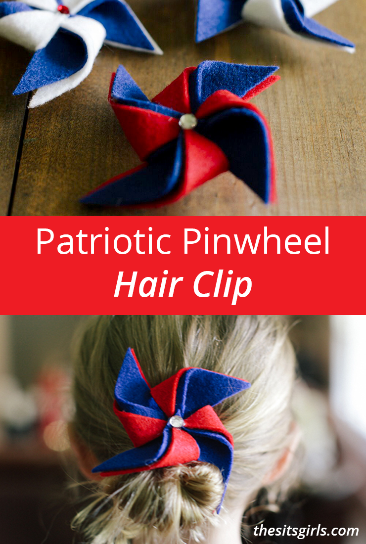 This patriotic pinwheel hair clip is a super cute accessory for the 4th of July. This is also an easy DIY project you could use to teach your child some simple sewing techniques. Make it with different colors than red, white, and blue, and you can wear it all year!