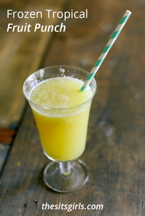 Make this frozen tropical fruit punch and store in the freezer. Pull it out whenever you need it for a party! It is the PERFECT no-hassle party drink for summer, and it easily transitions from a mocktail the kids can drink into a cocktail for adults.
