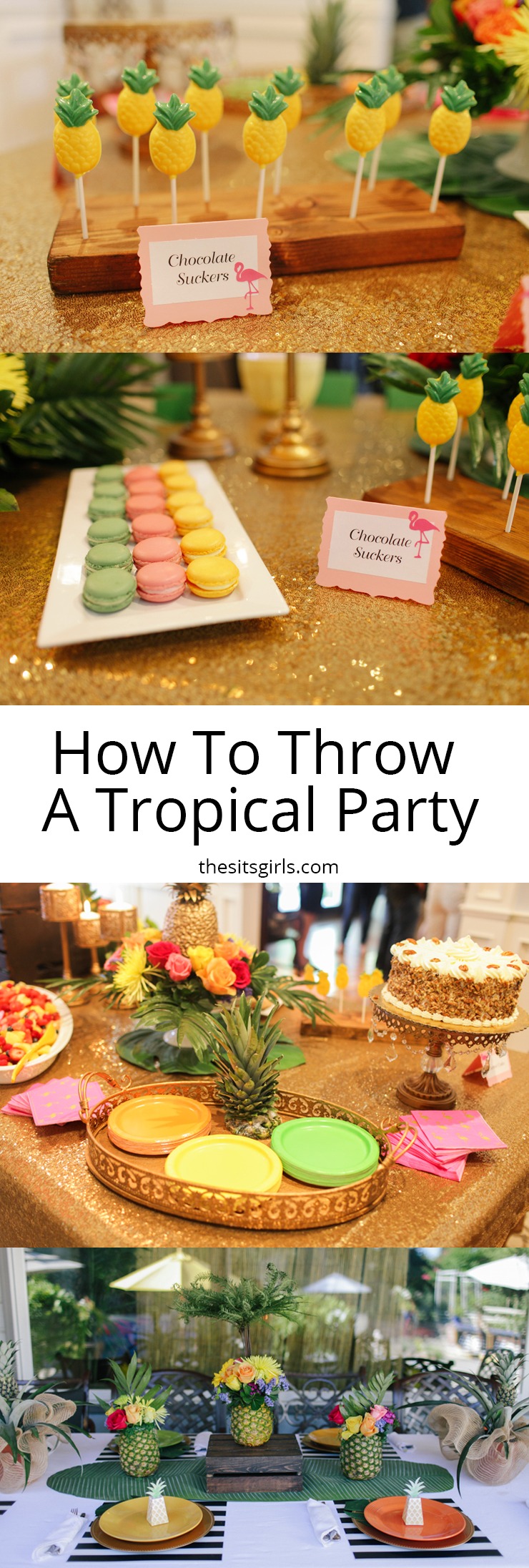 How to throw the perfect tropical party with delicious food and cute party decor. The flamingos and pineapple flower arrangements make it extra fun.