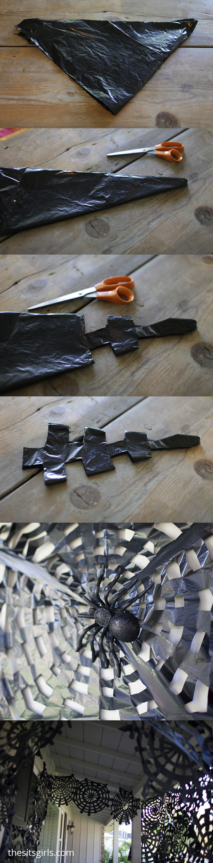 You can use trash bags to make amazing Halloween decor! Trash bag spider webs are a fun and easy project. Cover your porch in spooky spider webs with this easy tutorial (step by step instructions and video tutorial).