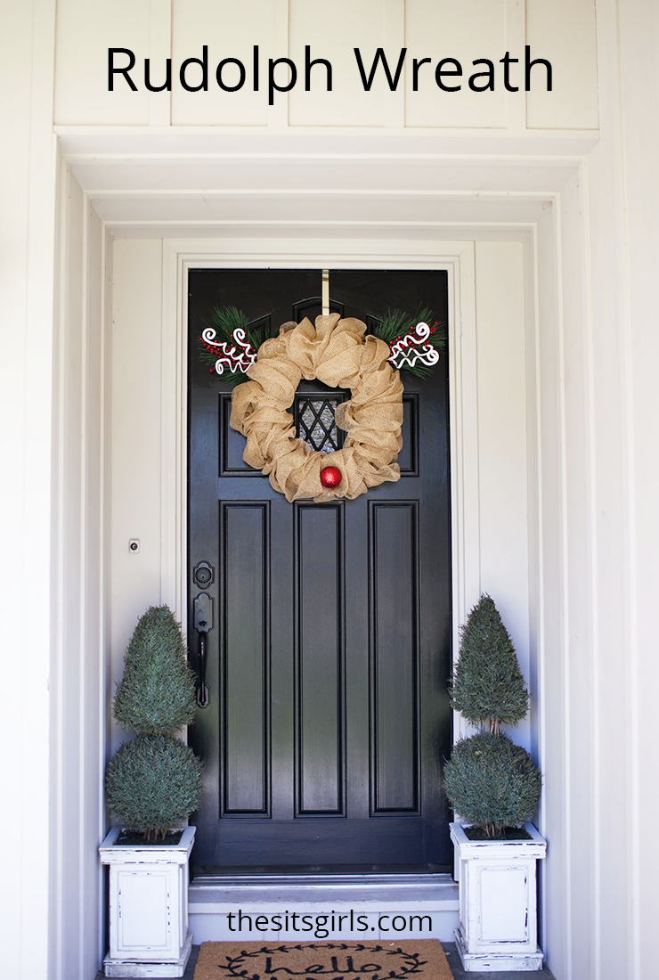 Decorate your front door for Christmas with this cute Rudolph Wreath. This is an easy project using a pool noodle. Make your own Christmas wreath for $10.