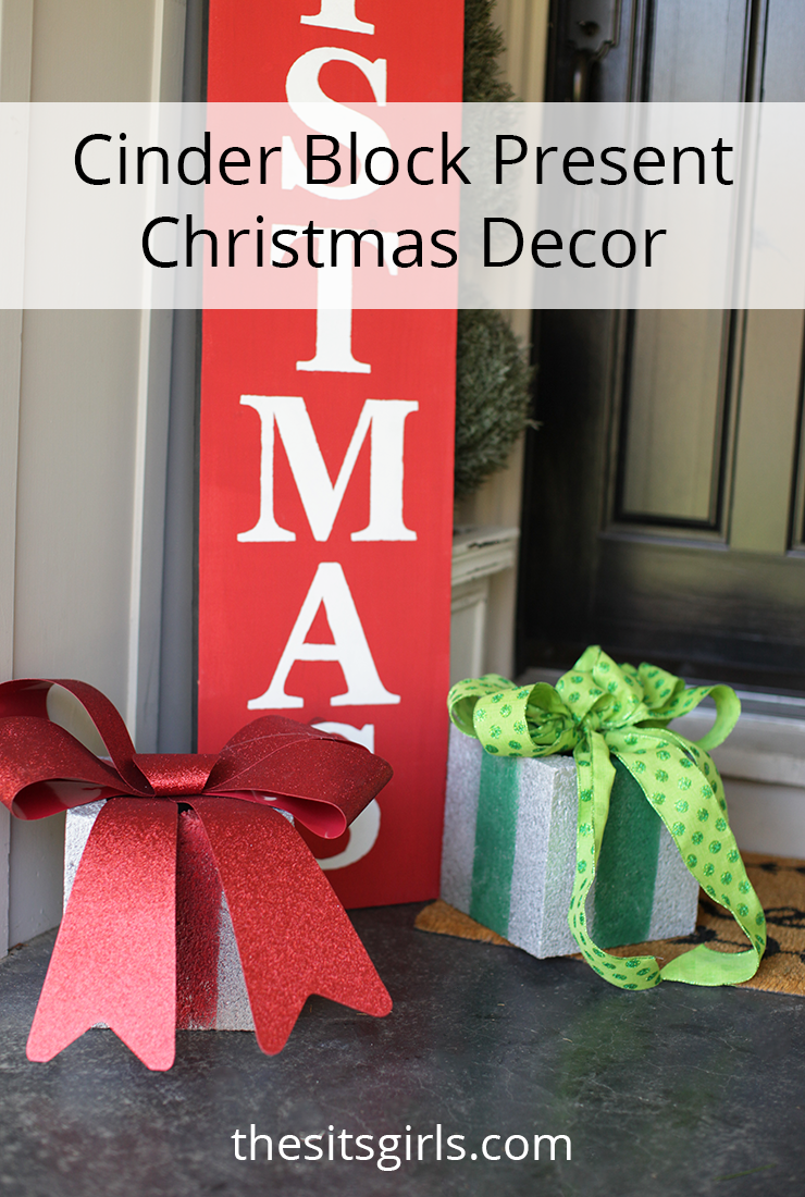 EASY Christmas porch decor! Use cinder blocks to make presents. They stand up well to cold, wet weather. Step by step tutorial with video.