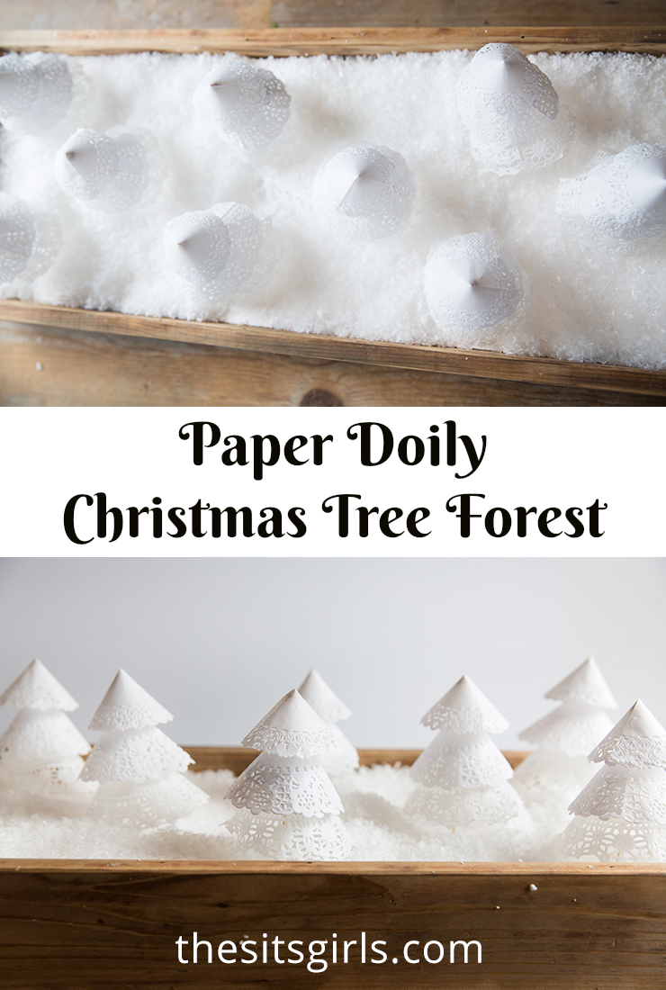 Cute idea for a mantle or table decoration - paper doily Christmas tree forest!