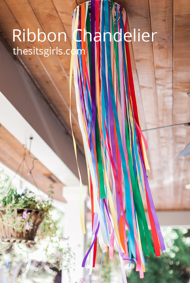 Ribbon chandeliers are super versatile and make great party decorations. Use any pattern or color of ribbons you like to make a dramatic statement piece.