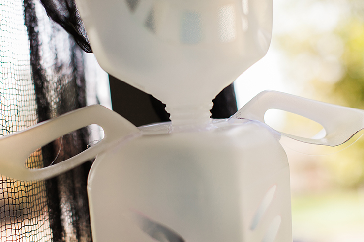Two things are needed to make this skeleton. Milk jugs and hot glue!