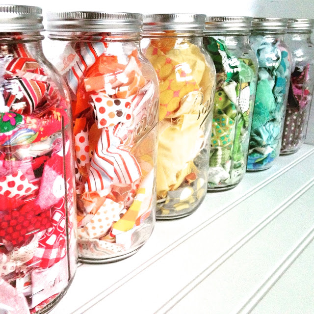 Use canning jars to hold sewing scraps!